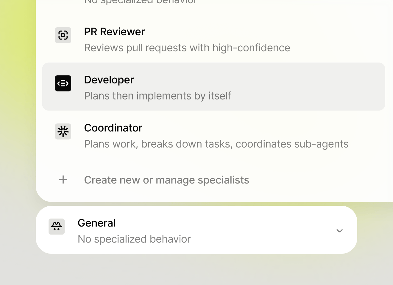 Specialist agents and model choices in an Intent workspace.